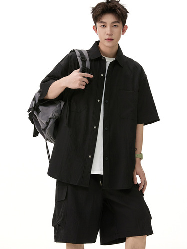 Relaxed Fit Workwear Short Sleeve Shirt Set Men 2025 Summer Loose Casual Collar Shirt Two-Piece Set Sports Sun Protection Top