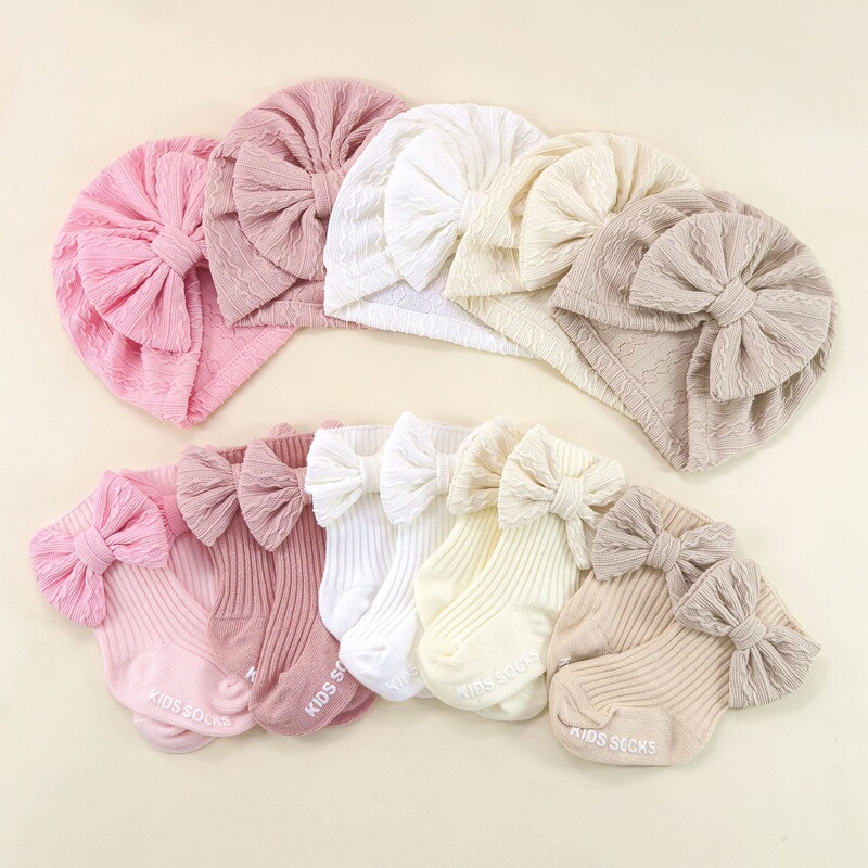 Cross-Border Baby Bow Hat Set Solid Color Turban Hat and Socks Set Foreign Trade Accessories Supply Fetal Cap