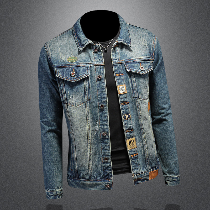 Denim Frühling und Herbst neue europäische Herren Revers Slim Fit gewaschen Denim Trend Jacke 8530_voghion.com