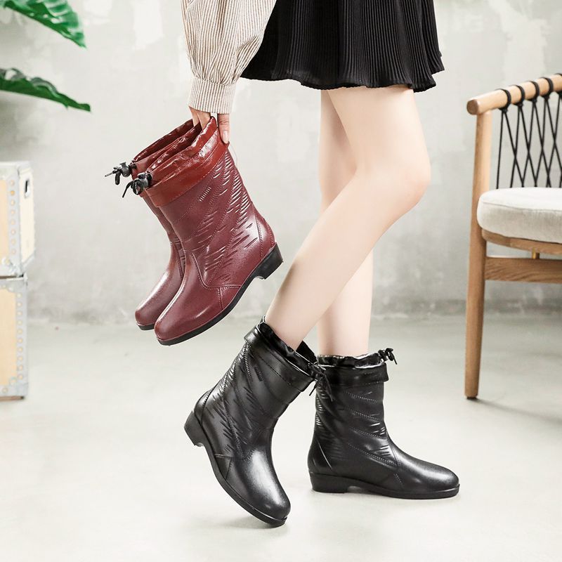 2025 새로운 여성 미드 배럴 장화 기모 따뜻한 방수 사계절 성인 패션 레이스 업 디자인 크로스 테두리