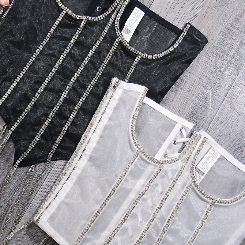 Luxurious Lace-Up Lace Camisole with Rhinestones and Tassels for Women Db588