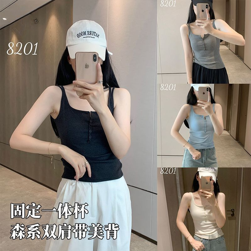 8201 # Autumn and Winter New Button V-Neck Vest with Chest Pads, Sleeveless Versatile Slim-Fit Base Top