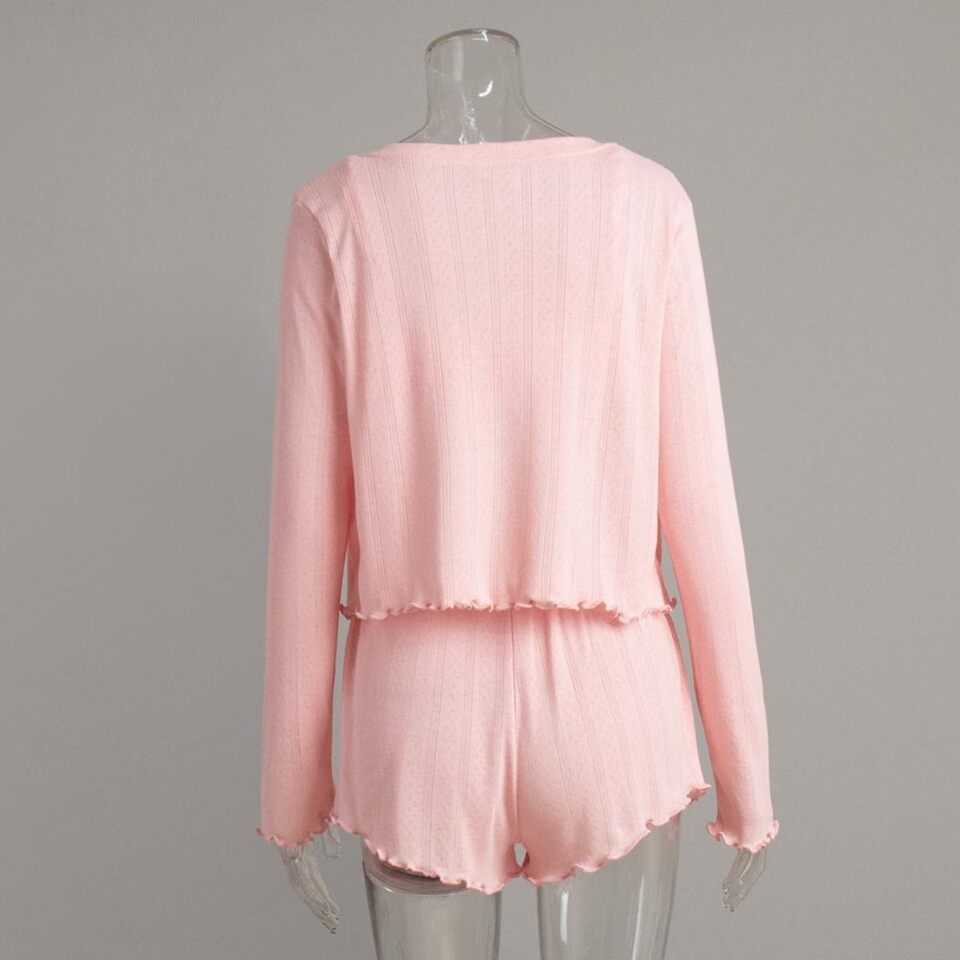 Bộ đồ ngủ nữ 3 món dệt kim gồm áo cardigan dài tay, áo lót và quần short — In hoa, Màu hồng, Màu trắng, Màu xanh dương chi tiết 6