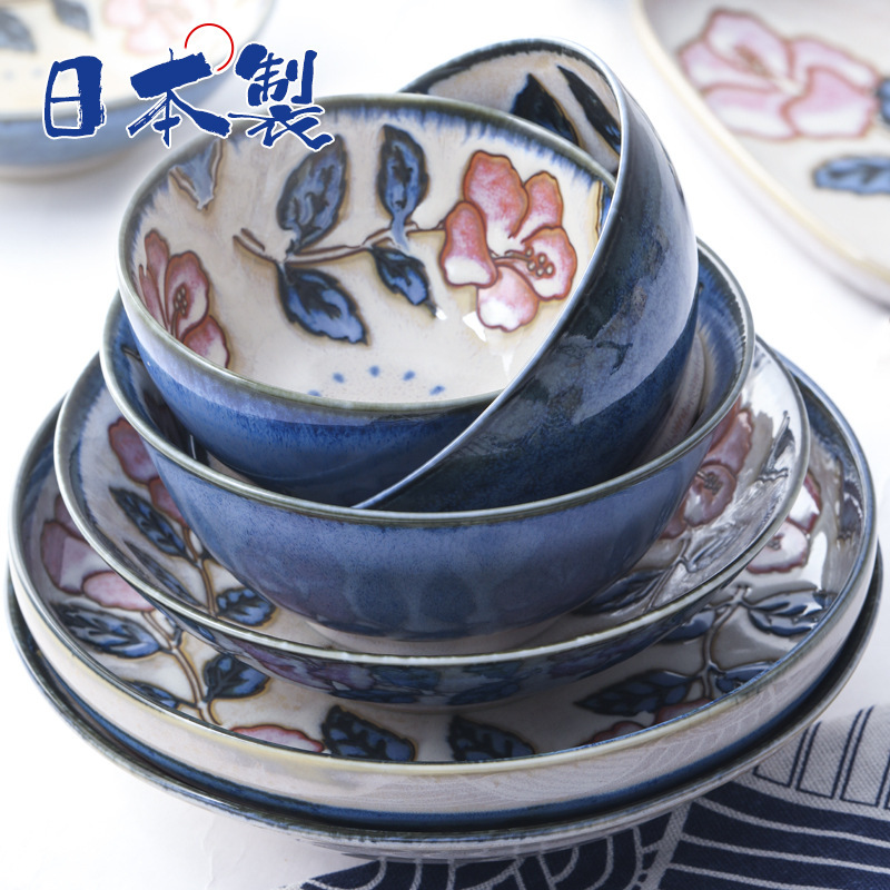 Japanese-made imported Okinawa rose Series hand-painted style kiln ceramic plate Japanese salad bowl ramen bowl