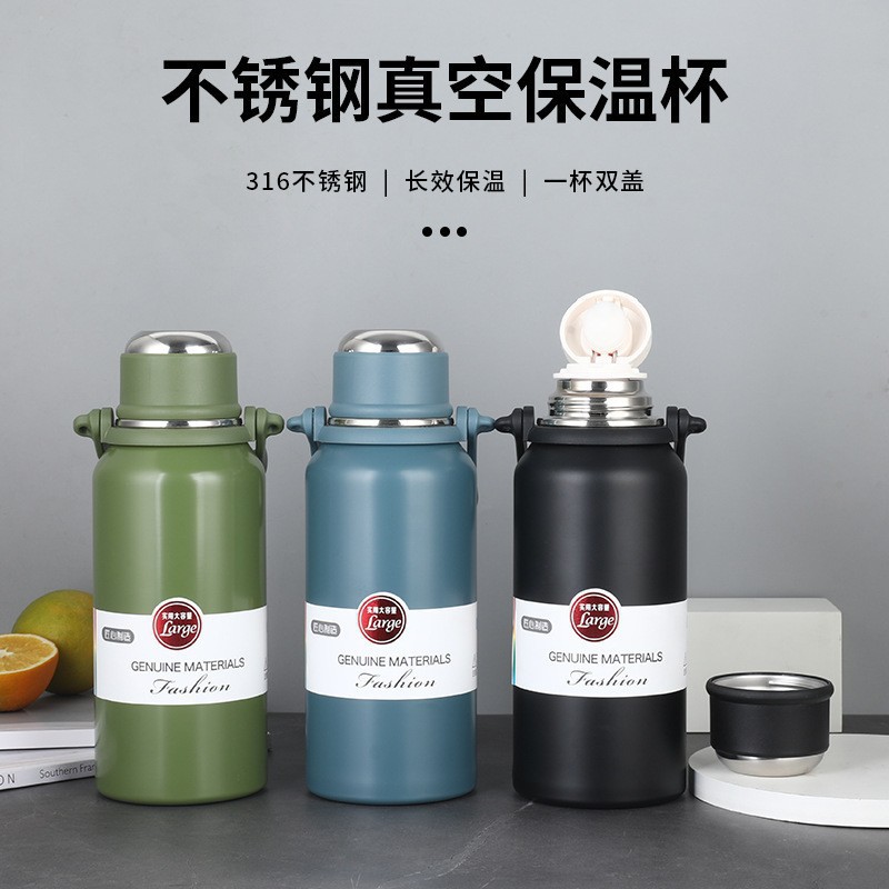 Termo de acero inoxidable 316 para exteriores, botella de agua deportiva de gran capacidad con asa, botella de viaje con doble tapa, aislamiento térmico de gran capacidad
