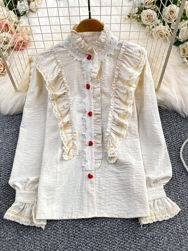 French-Style Retro Sweet Youthful Lace-Trimmed Stand-Collar Shirt for Women, Autumn and Winter Design, Niche Fashionable Heart-Button Jacket French-Style Retro Sweet Youthful Lace-Trimmed Stand-Collar Shirt for Women, Autumn and Winter Design, Niche Fashionable Heart-Button Jacket
