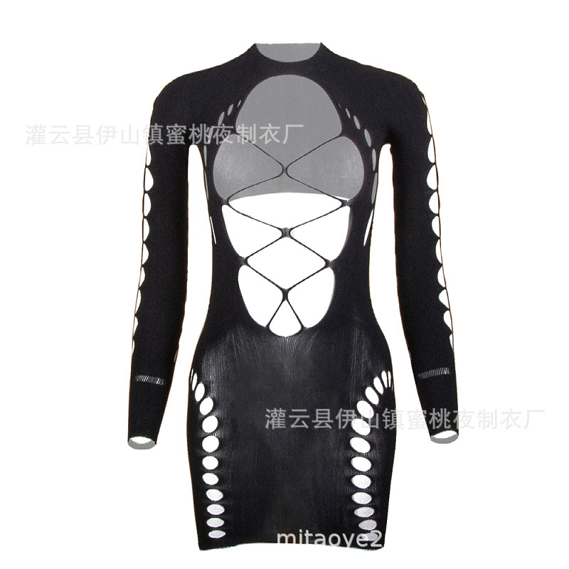 Sexy Lingerie, Sexy Long-Sleeved Chest Hollow Hip-Covering Short Skirt, Transparent One-Shoulder Open Mesh Skirt, Passionate and No Need to Take Off Sexy Lingerie, Sexy Long-Sleeved Chest Hollow Hip-Covering Short Skirt, Transparent One-Shoulder Open Mesh Skirt, Passionate and No Need to Take Off