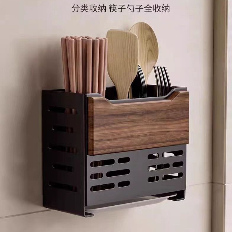 中古風胡桃木厨房物置棚多機能調味料穴なし収納棚箸スプーン刃物セット|undefined