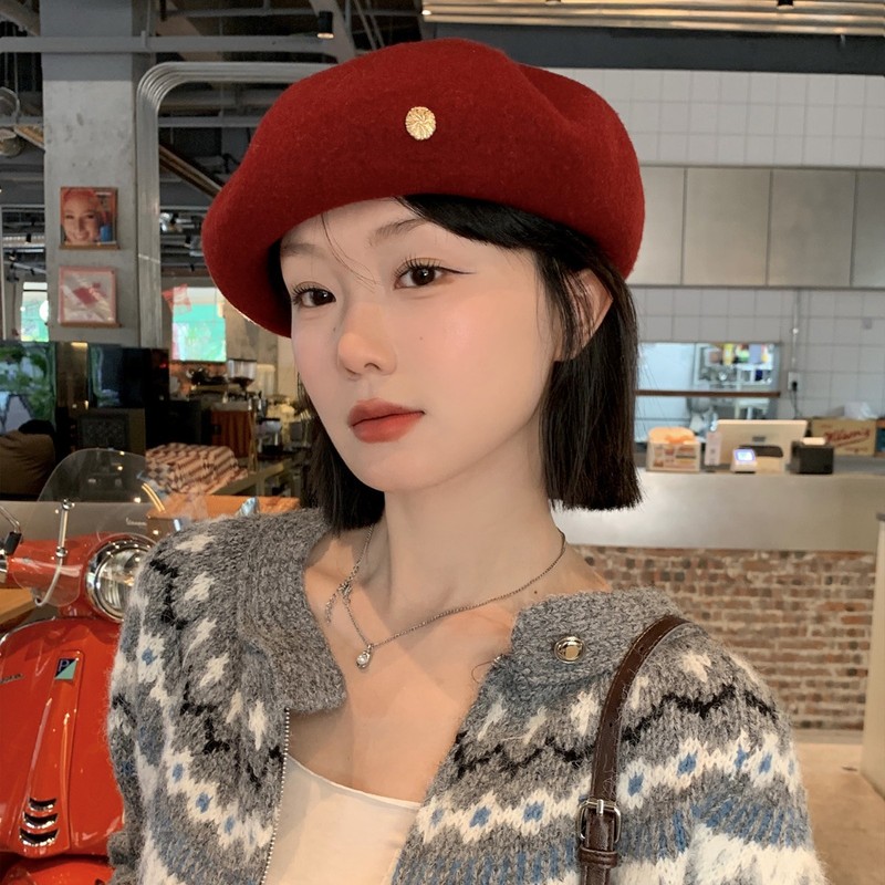 日系复古毛呢红色云朵贝雷帽女大头围显脸小气质文艺百搭画家帽子|undefined