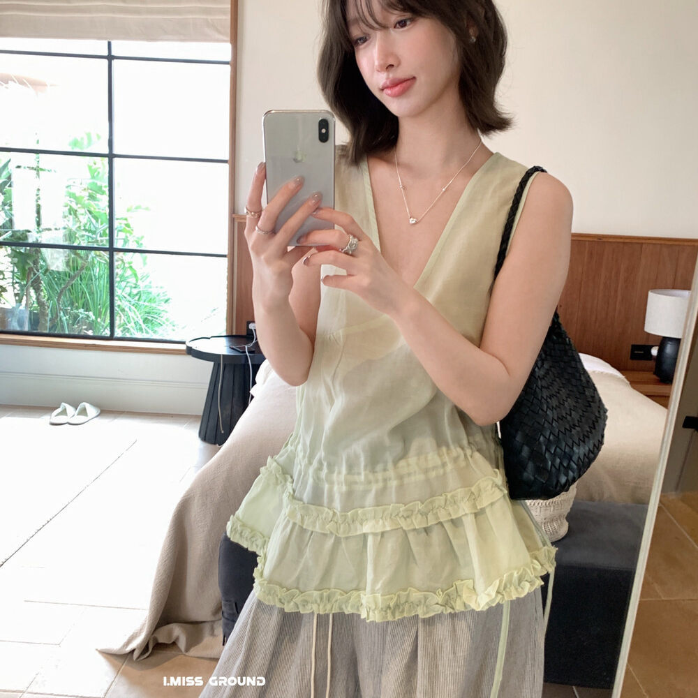 Áo hai dây nữ cổ V phối ren bèo nhún phong cách Hàn Quốc — Xanh nước biển, trắng ngà, Dưa lưới, Hồng cam