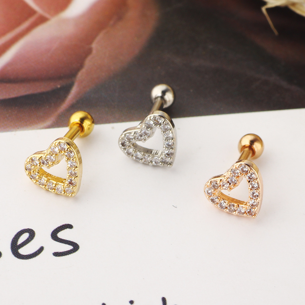 Simple Style Heart Shape Stainless Steel Hollow Out Zircon lip stud Ear Studs 1 Piece