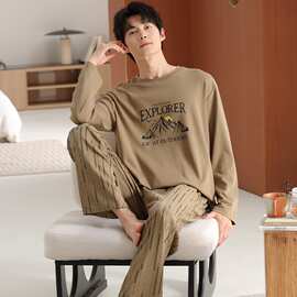 【L-4XL】春秋新款纯棉男士长袖长裤套头睡衣印花休闲男家居服