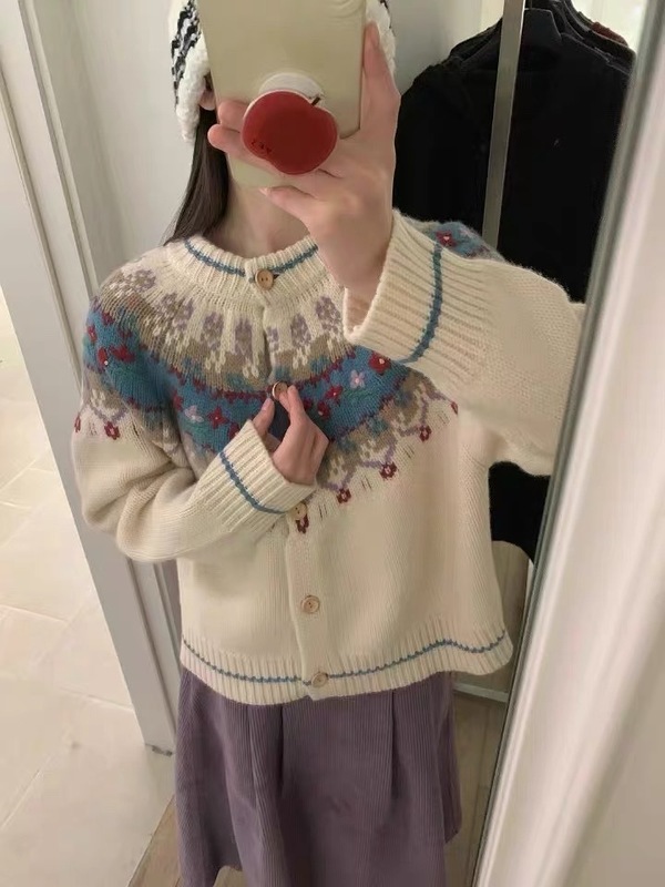 北欧费尔岛针织开衫复古提花甜美风单排扣秋冬季圣诞毛衣女装外套|undefined