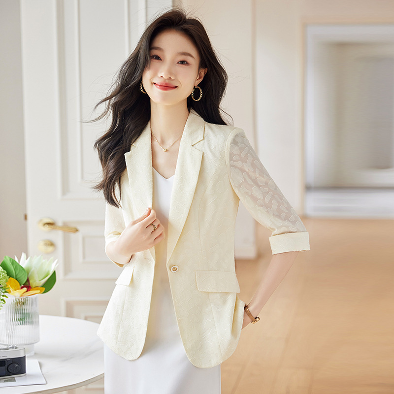 Gray Tencel Suit Jacket Women's Sun Protection Three-Quarter Sleeve Summer New Lace Cut Out Slim Fashion Suit Top