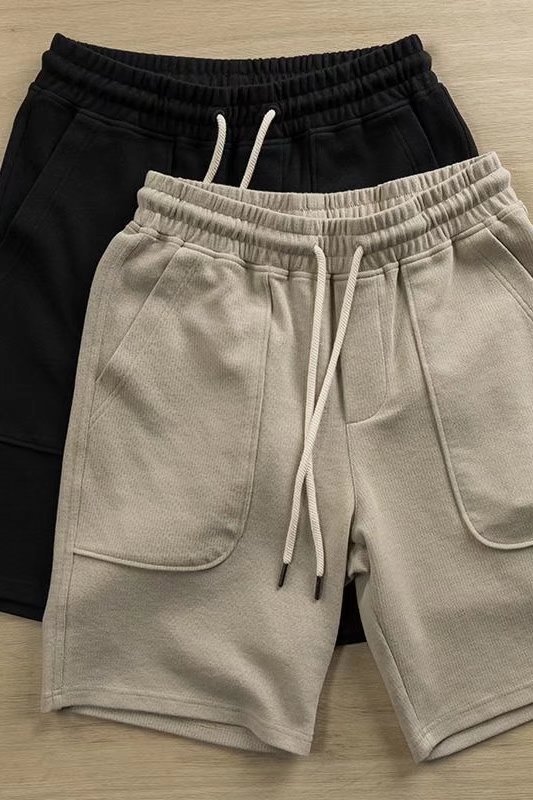 Große Tasche, sommerlicher elastischer Bund, lockere Viertelpatten, strukturierter Kordelzug, atmungsaktive Sport- und Freizeitshorts für_voghion.com