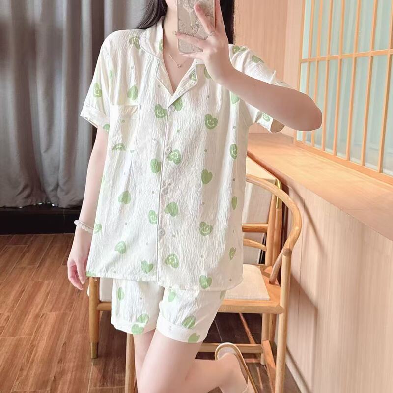 Shein Cross-Border Foreign Trade Short-Sleeved Shorts Cloud Cotton Lapel Sweet Loose Large Size Pajamas Women's Set Shein Cross-Border Foreign Trade Short-Sleeved Shorts Cloud Cotton Lapel Sweet Loose Large Size Pajamas Women's Set