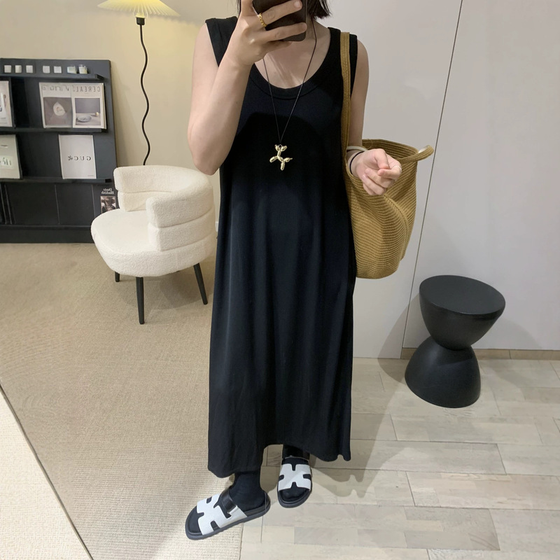 Super Comfortable Spring and Summer New Textured Ribbed Sleeveless Tank Dress, Mid-Length Base Dress, Slimming and Loose-Fitting
