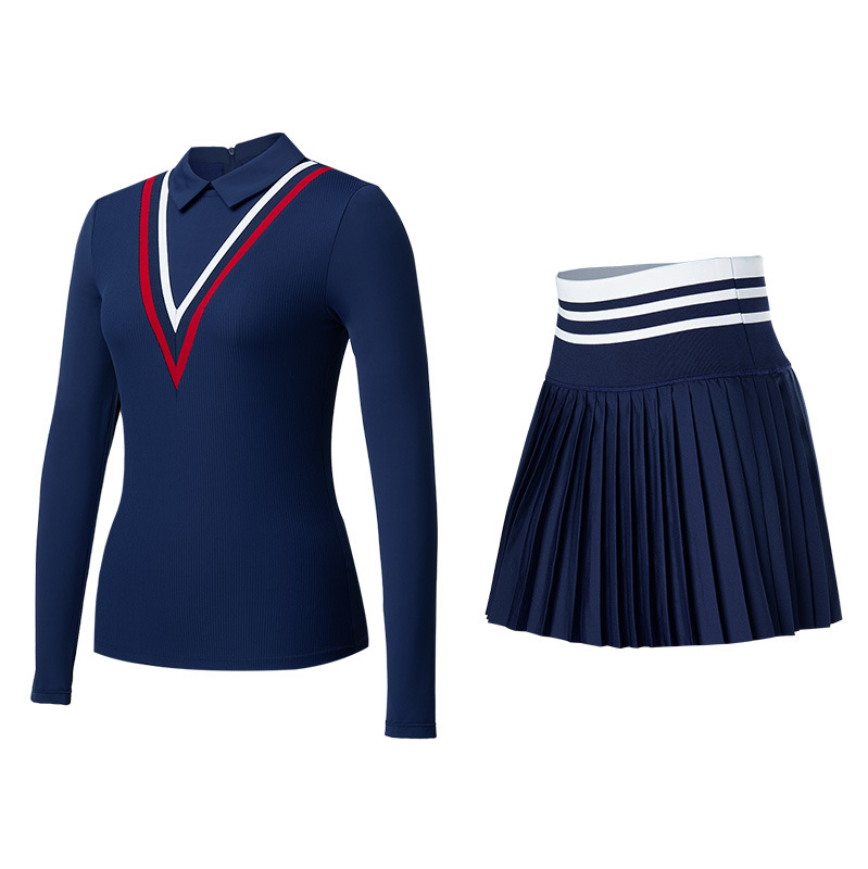 Trajes deportivos de tenis con solapa, mangas largas, falda corta, ejercicio, yoga, golf, tenis de dos piezas.