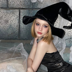 ハロウィーンのしわが魔法の帽子をねじって高品質で厚手のベルベットの魔女帽COSがDIYロリータ帽を飾っている
