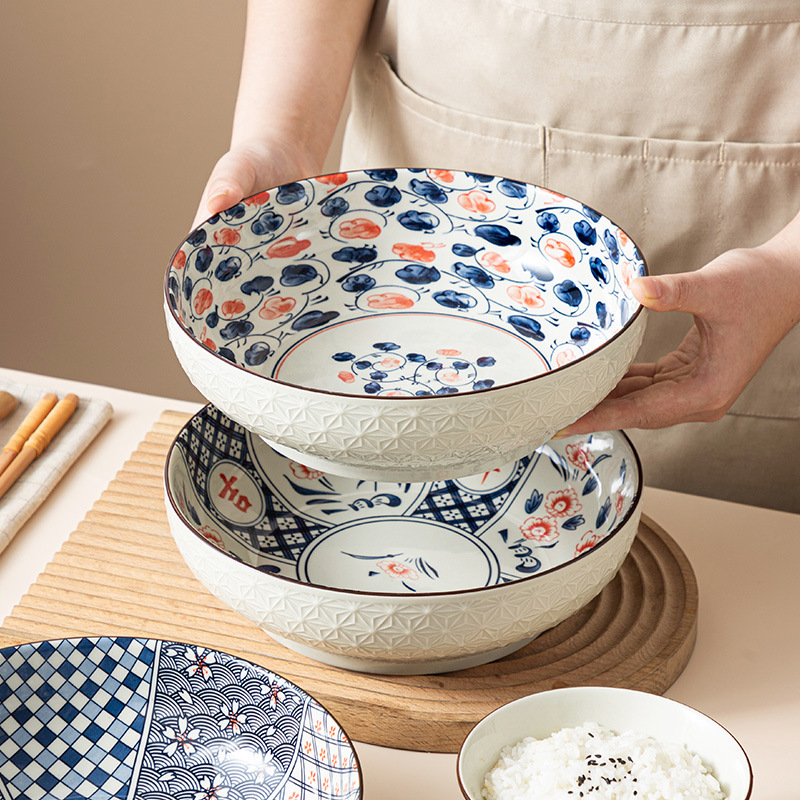 Japanese-style retro underglaze ceramic bowl household restaurant Pickled Fish Bowl 9-inch embossed large soup bowl Japanese-style retro underglaze ceramic bowl household restaurant Pickled Fish Bowl 9-inch embossed large soup bowl