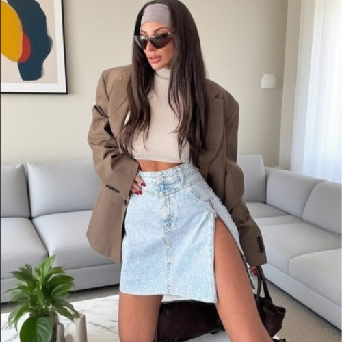 2025 European and American cross-border irregular high-waisted denim skirt for women, summer design with zipper, Instagram-style short skirt