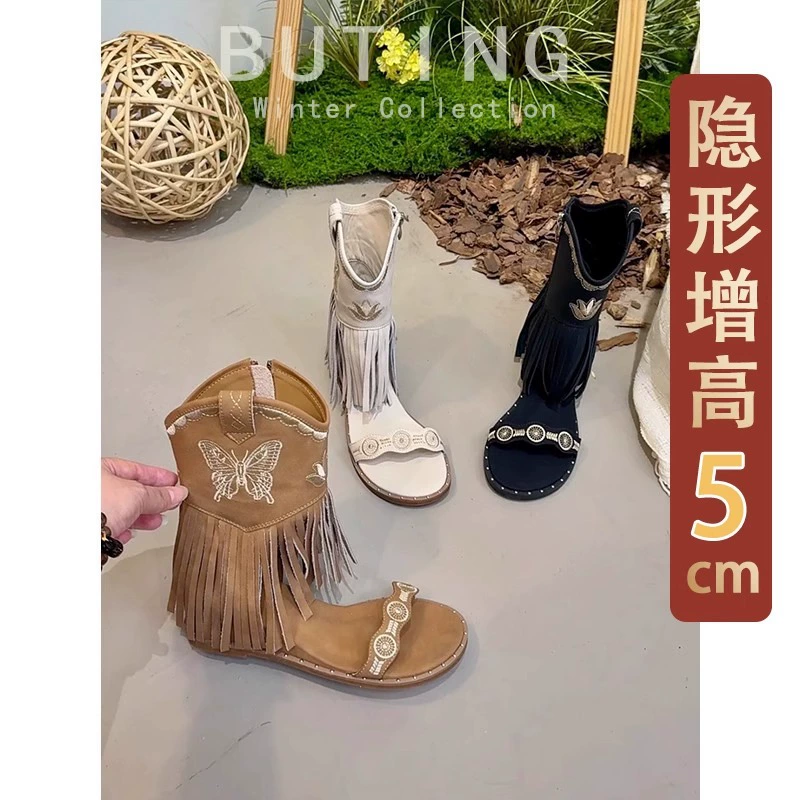 Женские босоножки из овчины в ретро стиле с кисточками и заклепками, открытый носок, летняя новинка 2025 года, с внутренней подкладкой, вышивка бабочки.