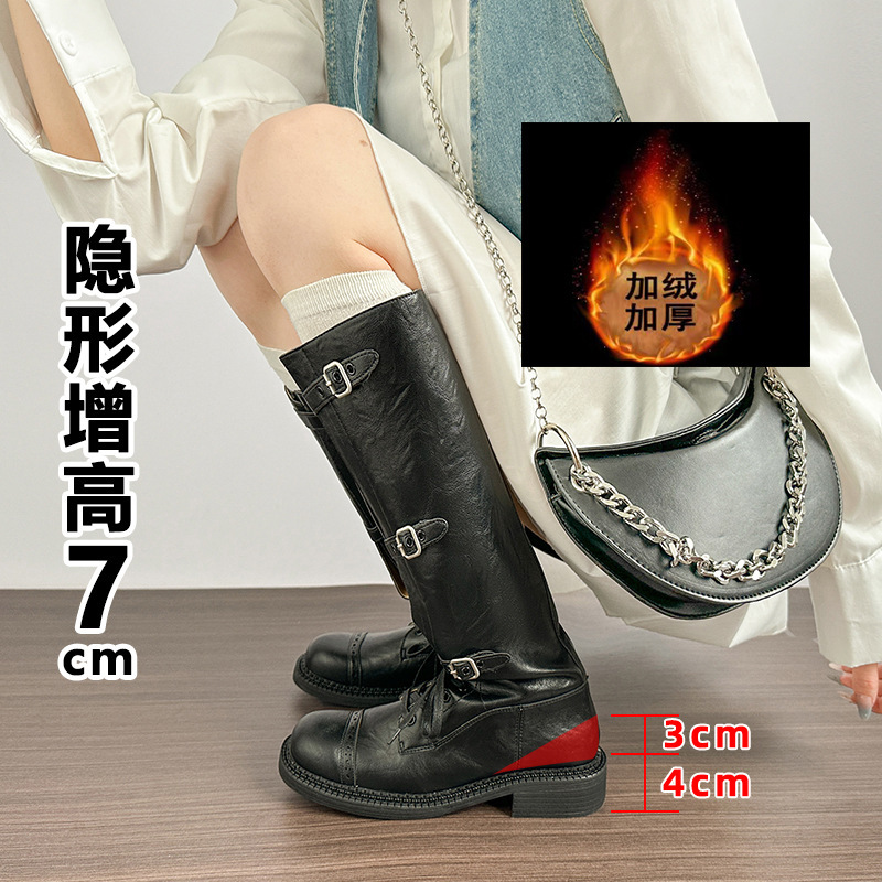 牛皮版~复古真皮内增高7cm靴子时装靴女做旧骑士靴皮带扣长筒靴|undefined