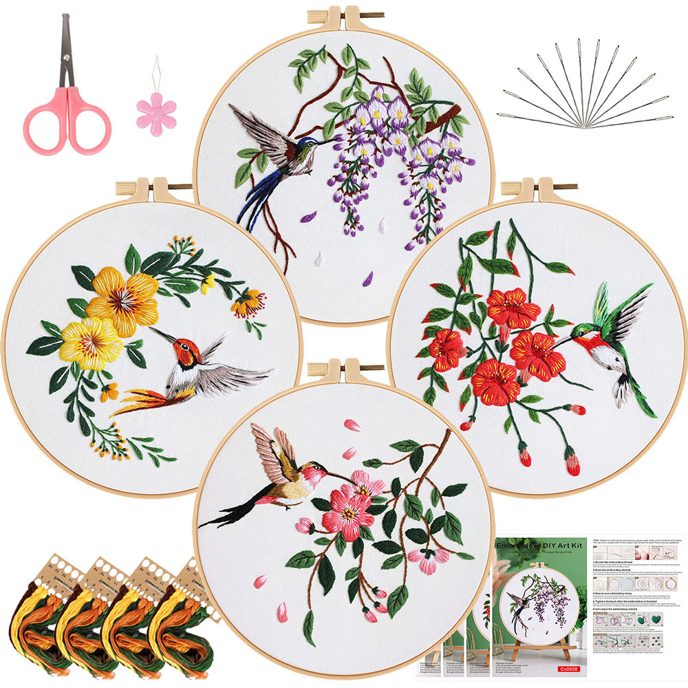 Diy paquete de material bordado a mano colibrí flor pájaro pájaro bordado de tela original nuevo transfronterizo inglés