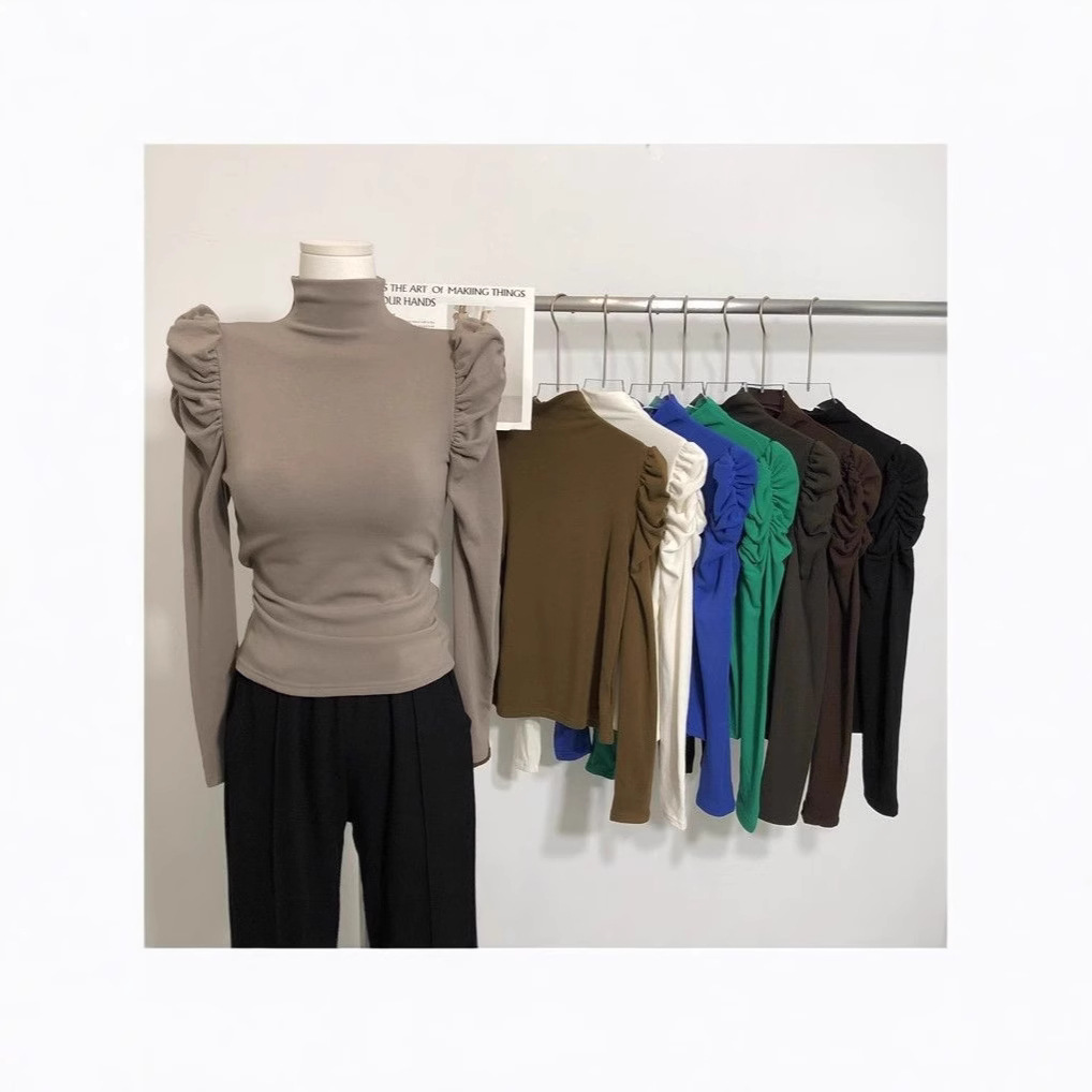 2025春装新款加厚高领泡泡袖T恤磨毛褶皱打底衫内搭设计感上衣女