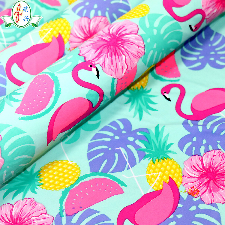 广东供应针织 锦氨薄细泳衣布料夏季 40D36F薄细纤维卡通印花儿童