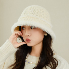 日系蝴蝶结水桶帽子水貂绒后开叉针织渔夫帽女秋冬护耳保暖盆帽潮