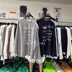 大码300斤设计感卫衣长袖女韩系风秋季露肩花边拼接字母蝴蝶结潮