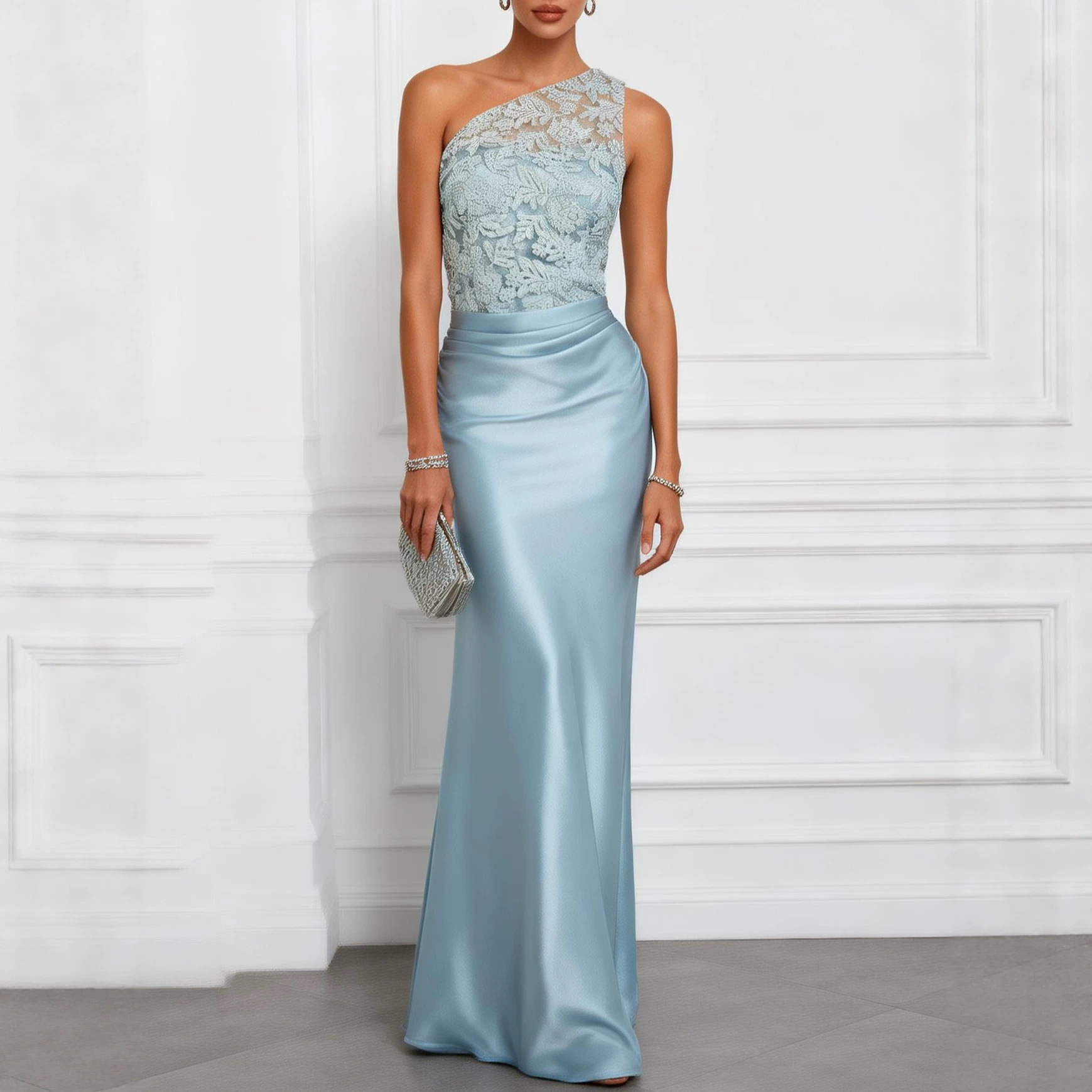 Summer Collection High-End Satin Evening Gown One Shoulder Design Sheer Mesh Panels Women's Fashion Dress_ecoleips.com