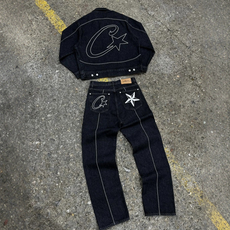 European and American Corteiz Alcatraz denim suit, high street western denim jacket, loose jeans, trendy brand European and American Corteiz Alcatraz denim suit, high street western denim jacket, loose jeans, trendy brand