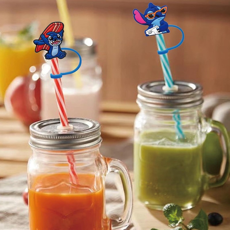 ステッチ漫画キャラクターストローカバーソフトゴムストローキャップシリコーンダストプラグかわいいアニメストローカバー装飾|undefined