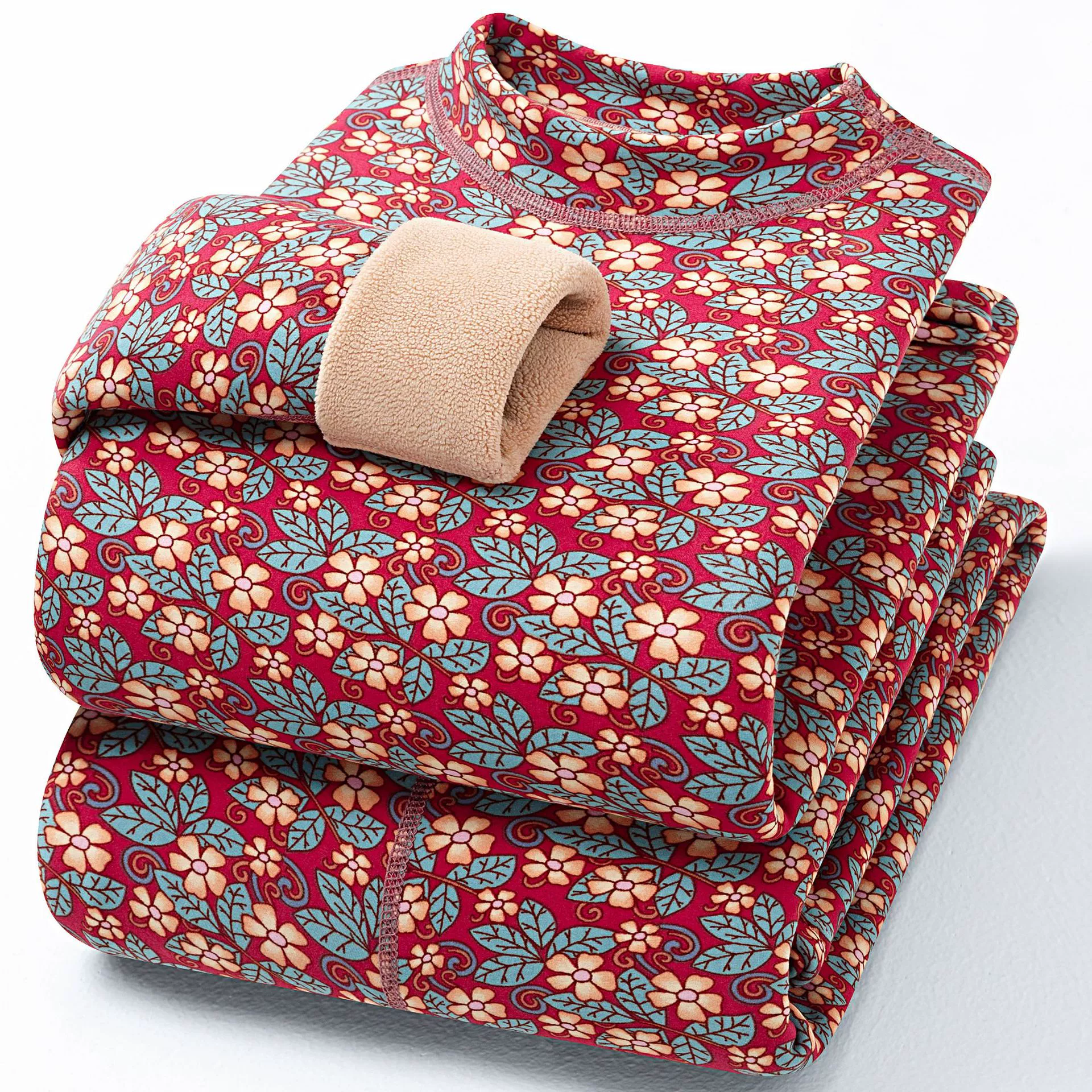 [Горгантский толстый] Зимний женский комплект термобелья с цветочным принтом, бархатный утолщенный морозостойкий осенний костюм со средним воротником и осенние брюки