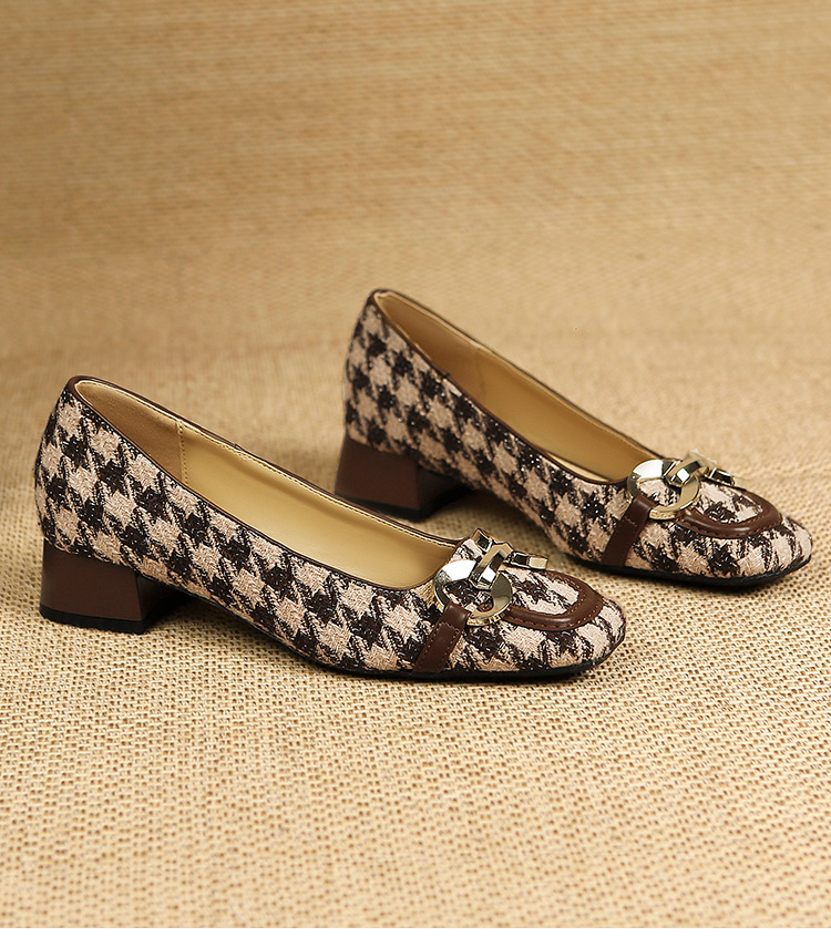 Houndstooth Square Toe Casual Single Shoes Women Summer New Metal Chain Low Heel Shallow Mouth S Soft Bottom Slip On_voghion.com