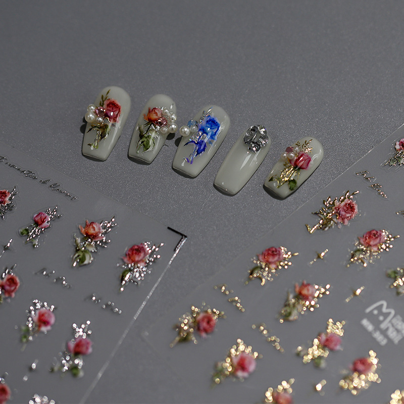 Tensor Retro Oil Painting Watercolor Smudged Rose Nail Stickers Mn303 Light Luxury Gentle Dry Rose Nail Stickers