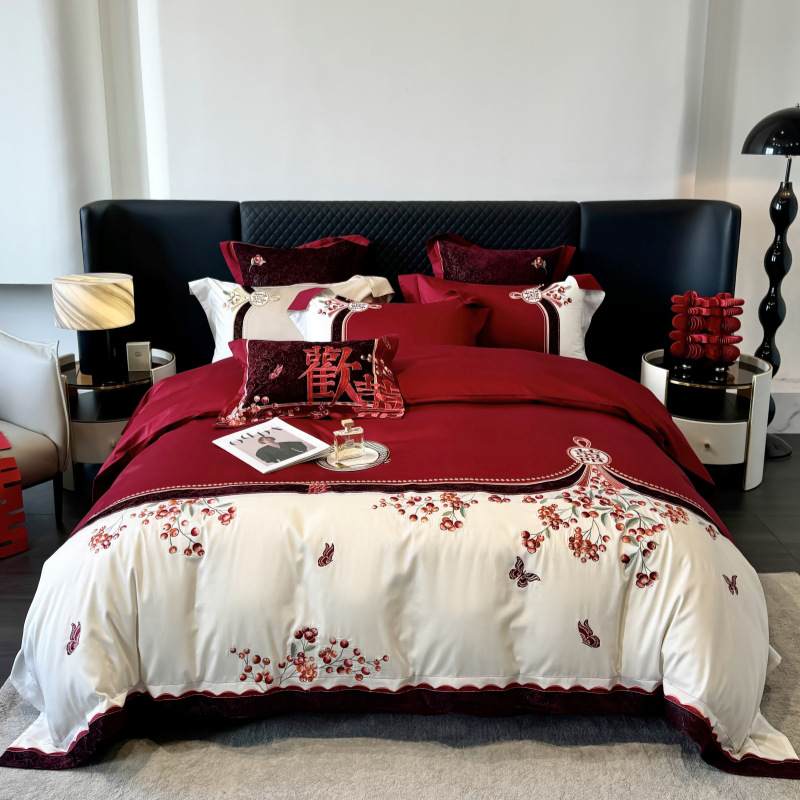 Nantong Home Textiles Romantic Wedding 200-Count Long-Staple Cotton Four-Piece Set Pure Cotton Floral Embroidery Quilt Cover Wedding Bedroom Bedding