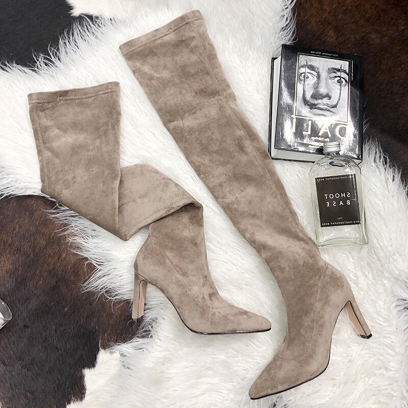 Nude-Colored Over-The-Knee Boots, Long Boots, Sock Boots, Khaki-Colored Integrated Suede Boots, Large Size Pointed-Toe Stretch Boots