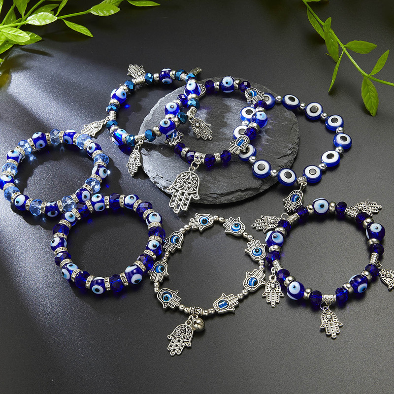 Cross-border Hot Sale Evil Eye Bracelet Fatima Hand Blue Eye Round Bead Palm Pendant Beaded Elastic Bracelet