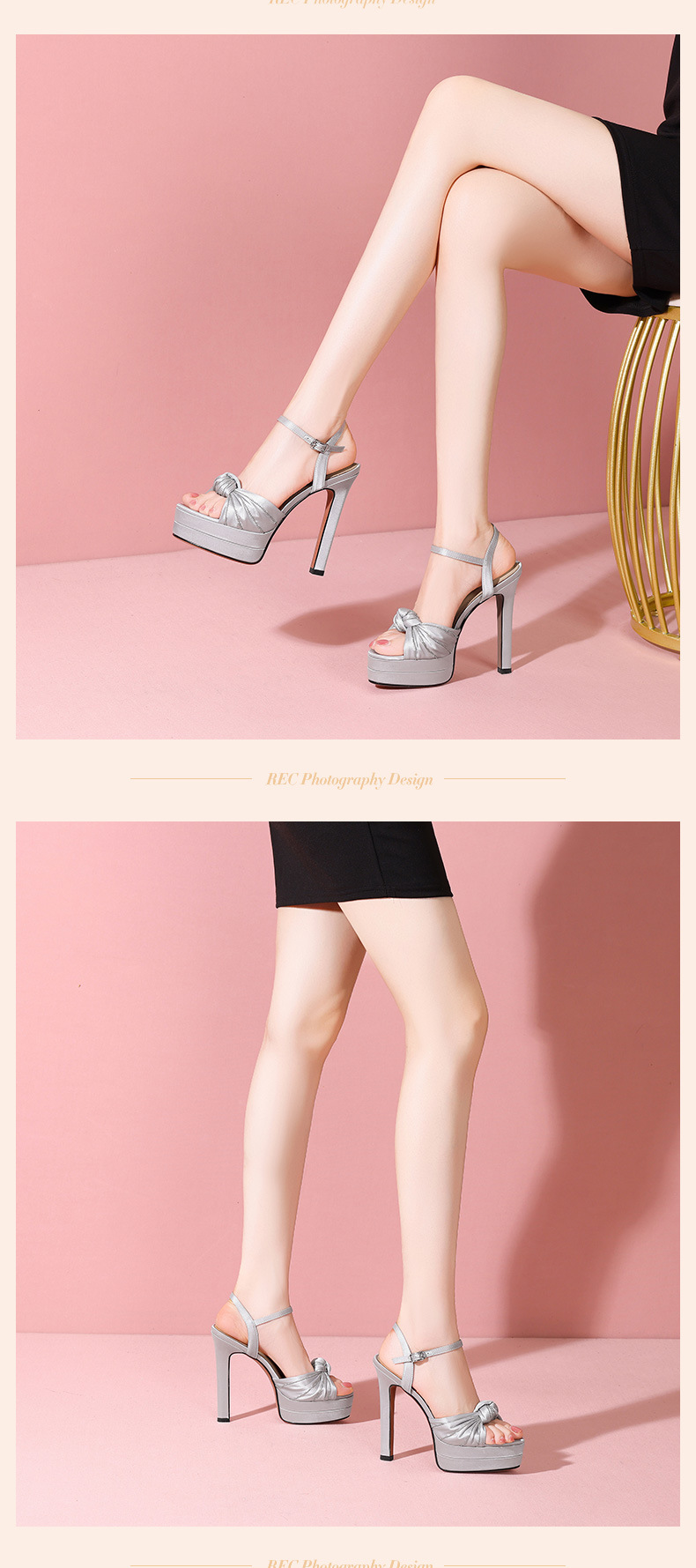 Sandal cao gót nữ lụa tơ tằm mũi hở đính đá gót siêu cao 12 cm — Champagne màu chi tiết 9