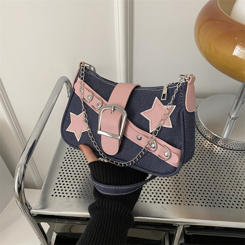 Color de contraste tendencia personalidad chica caliente 2024bags estrella nueva cadena de mezclilla casual bolso de axila de un solo hombro