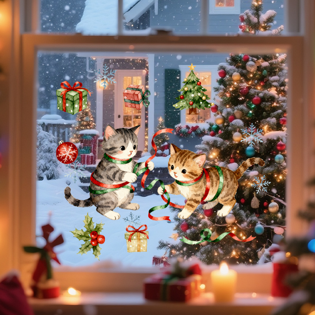 Christmas Wall Stickers Santa Claus Kitten Bear Window Decals_voghion.com