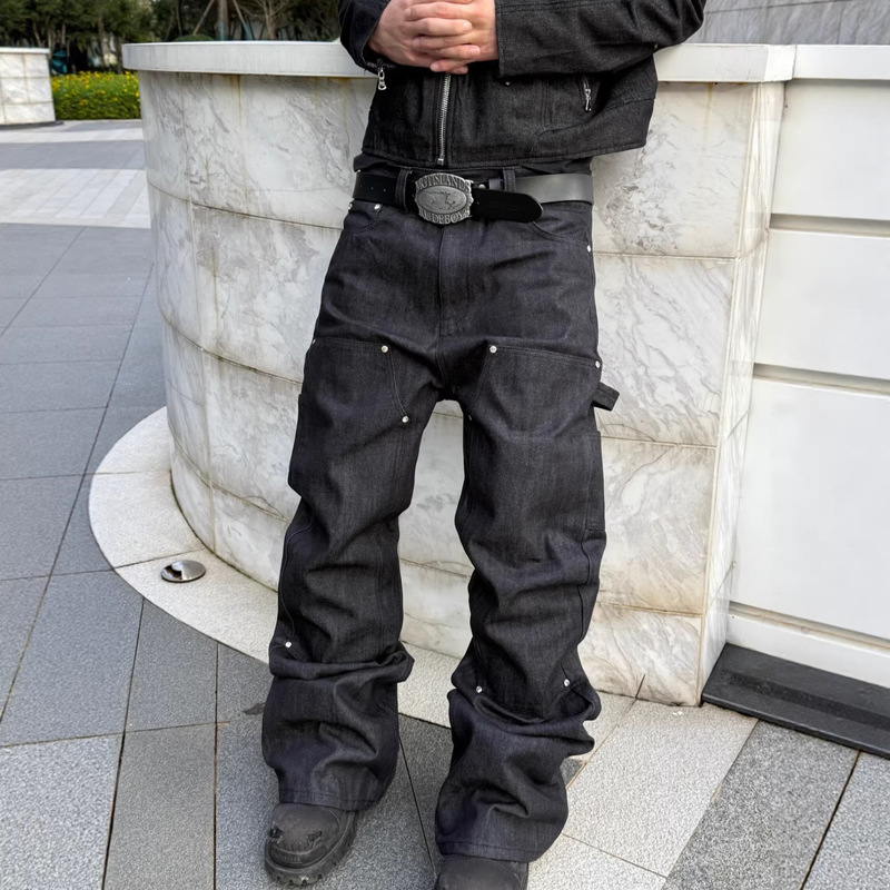 Cross-Border Foreign Trade Farsta Heavy-Duty Raw Denim Lumberjack Pants with Rhinestone Patchwork A-Line Flared Jeans Unisex Style