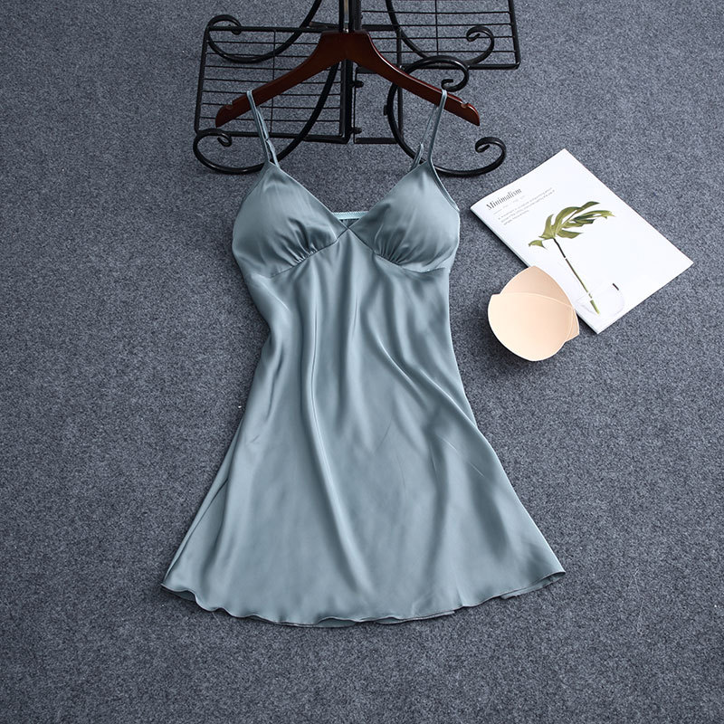 New Ice and Snow Silk Sexy Nightdress Summer Strap Dress Solid Color Adjustable Shoulder Strap Home Clothes Chest Pad Pajamas Spring and Autumn