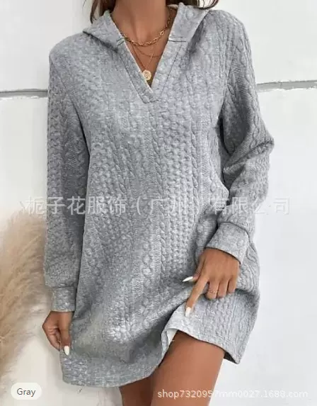 欧美女士连衣裙卫衣亚马逊新款秋冬女装针织提花长袖长款连帽连衣