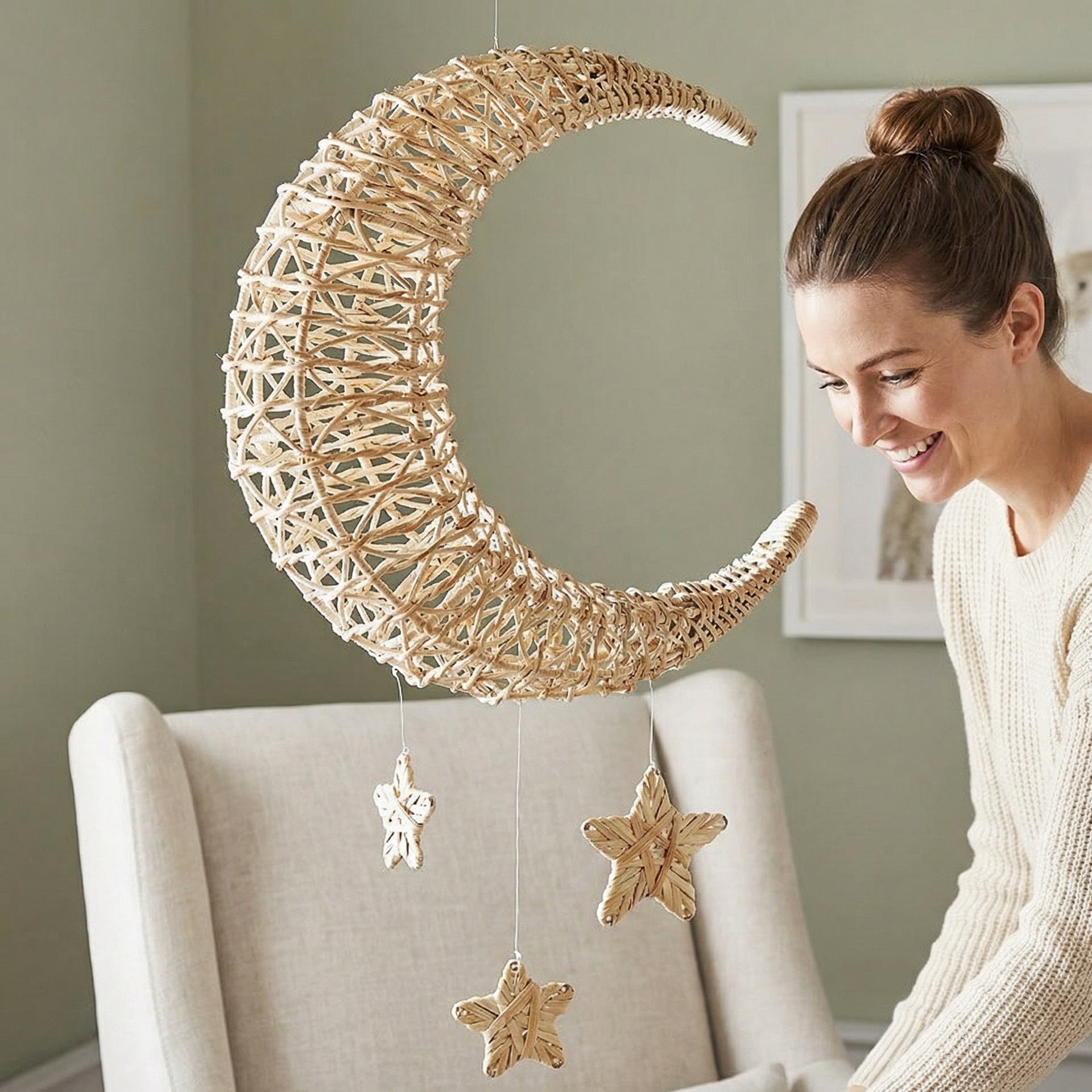 Adorno Colgante de Pared Luna y Estrella de Ratán y Paja Hecho a Mano para Habitación Infantil image 5