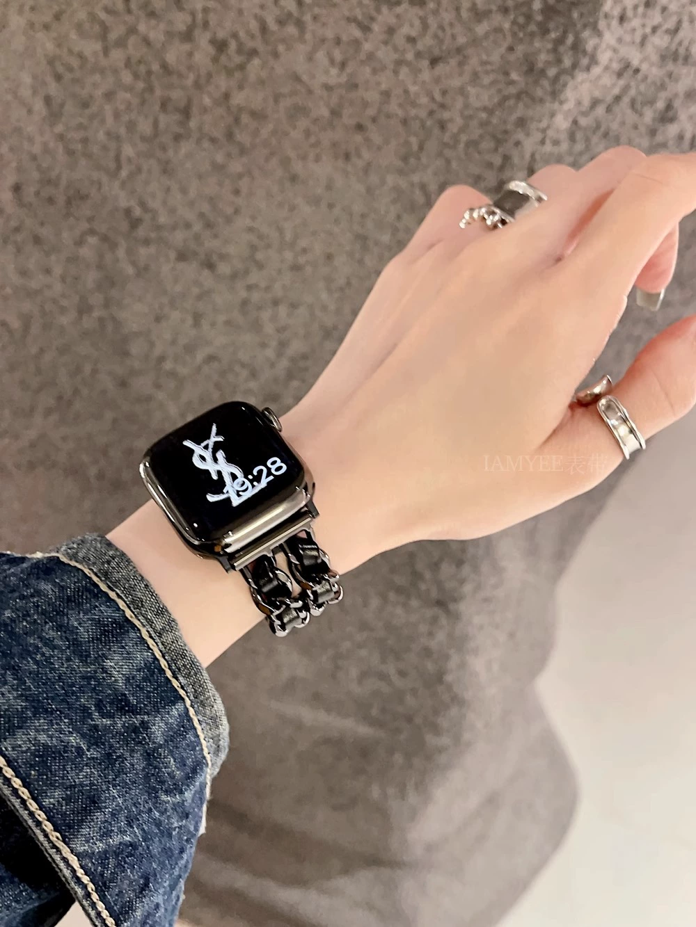 Стильный двурядный браслет из смешанной кожи с цепью для Apple Watch - универсционный металлический дизайн цепи