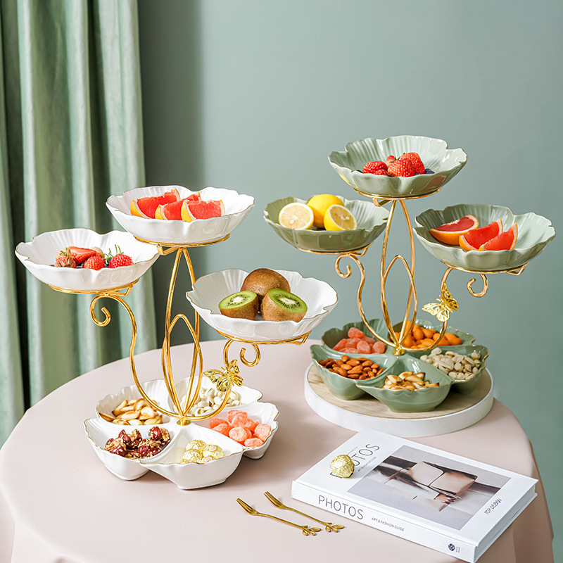 Luz de lujo cerámica multicapa Internet celebridad plato de fruta sala de estar tarde té merienda plato de fruta seca almacenamiento creativo postre soporte de exhibición